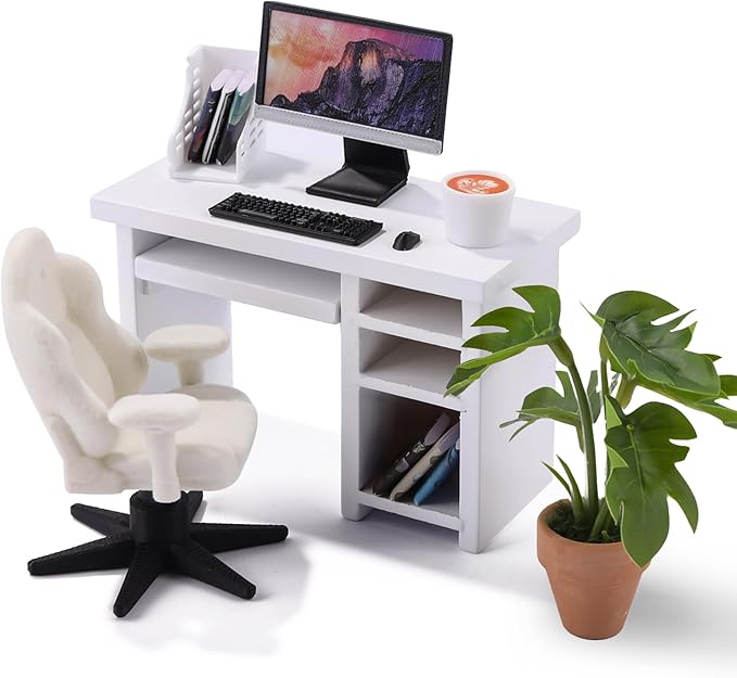 DIYDEC 1:12 Scale Miniatures Office Desk Set 14pcs Dollhouse Office Including Mini Computers Desks Office Chair Keyboard Mouse Folder Books Potted Plants for Tiny Stuff Dollhouse Figurines