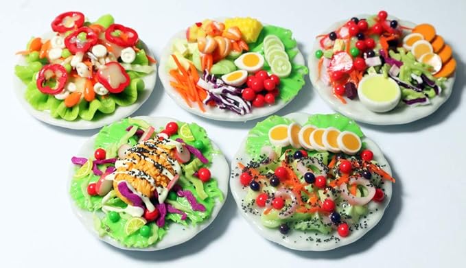 Set 5 Assorted Dollhouse Miniature Salad,Tiny Food On Ceramic Plate, Dollhouse Accessories for Collectibles