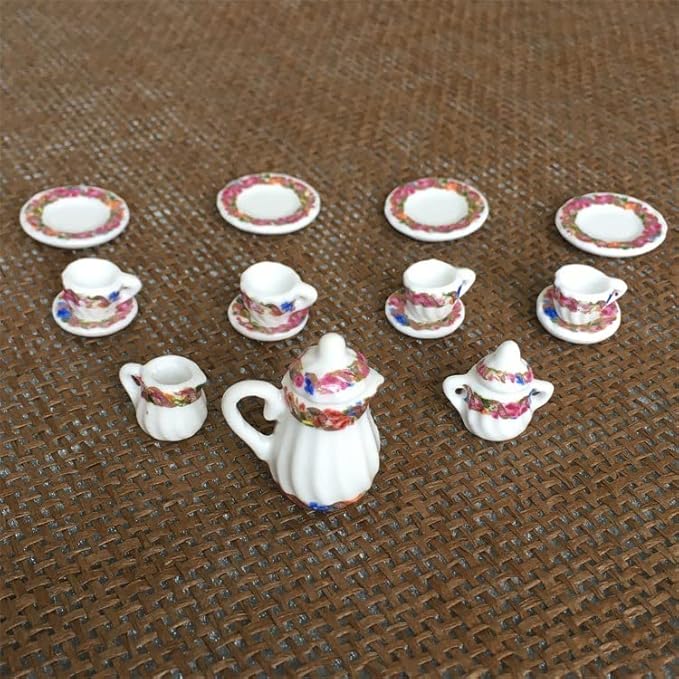 Dollhouse Decoration Accessories, 1:12 Dollhouse Miniature 15 Pcs Porcelain Tea Sets Mini Food Toy Model (I)