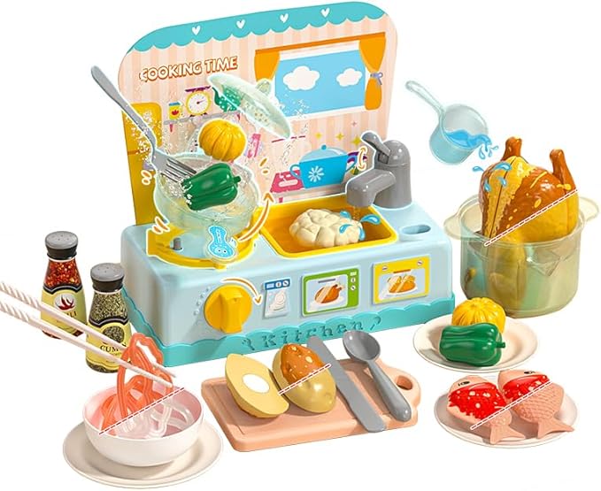 Oceenew Play Kitchen Toys, Play Cooking Stove, Play Sink Toy, Cookware Pot and Pan, Cutting Play Food Toy, Color Changing Dishes Accessories for Boys Girls