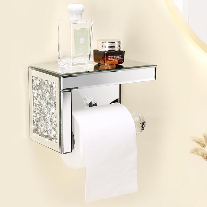 TACIDON Crystal Crush Diamond Toilet Paper Holder with Mirrored Shelf. Silver Modern Toilet Paper Holder Wall Mounted, Glamorous Mirror Toilet Paper Roll Holder for Bathroom Washroom.
