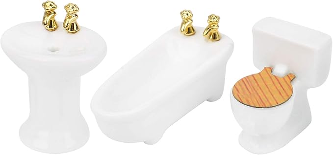 1/24 Dollhouse Miniature Bathroom Set Simulation Ceramic Bathtub Toilet Sink Kit Dollhouse Bathroom Set Melody Jane Dolls Houses Doll House Toilet Bathtub Furni (Pure White)
