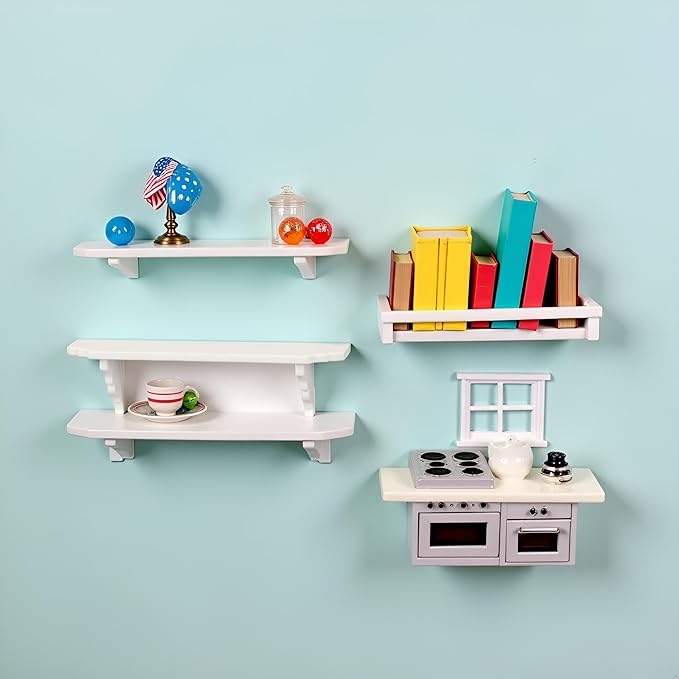 White Dollhouse Wall Shelf, 1:12 Scale Miniature Dollhouse Accessories, Doll House Storage Wall Shelf for Kitchen Scene Wall Decor Miniature Bedroom Mini Furniture Accessory