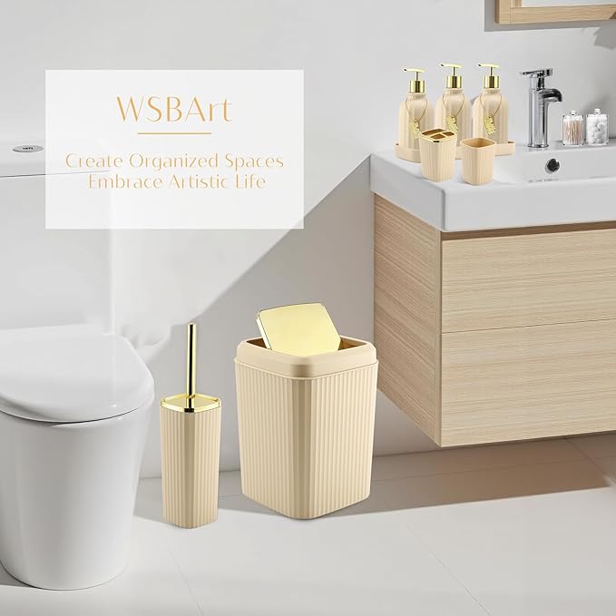 WSBArt 17PCS Bathroom Accessory Set Bathroom Set Beige Bathroom Accessories,Toilet Brush, Trash Can, Qtip Holder Dispenser& 3PCS Soap Dispenser