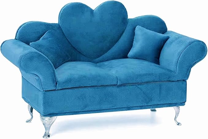 Modern Dollhouse Furniture, 1/6 Scale of Miniature Dollhouse Sofa, Openable Sofa Mini Jewelry Display Storage Box with Mini Mirror for Earrings, Necklaces, Bracelets (Blue Velvet)