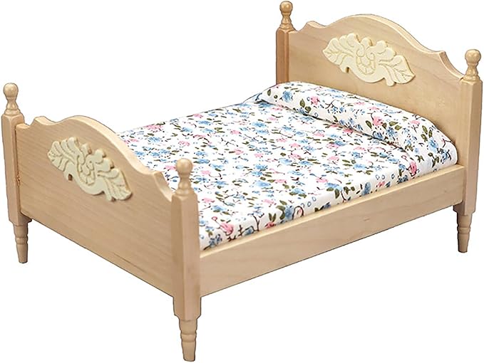 1/12 Dollhouse Bed Miniature Queen Bed Mini Woode Bed for Dollhouse Bedroom Furniture (Wood)