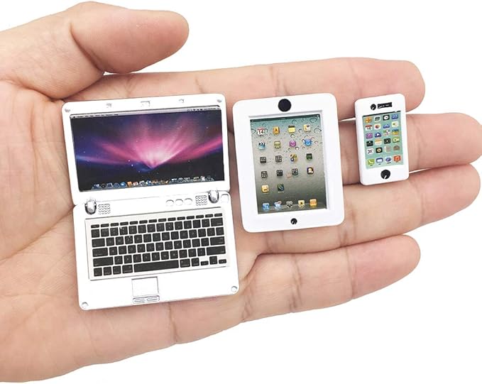 3 Pack Dollhouse Mini Laptop Tablet and Smart Phone Scene Computer Simulation Accessories for Doll 1/6 1/12 Miniatures Silver, Metal