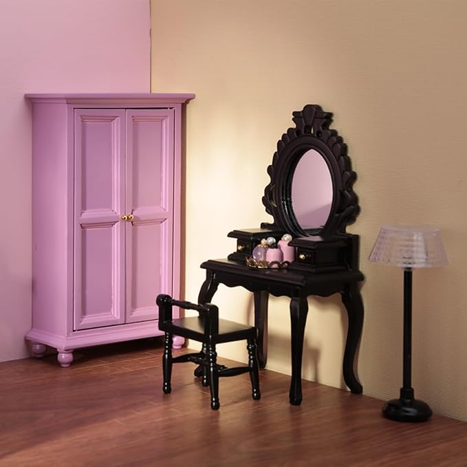 5Pcs 1:12 Dollhouse Wardrobe Furniture Set, Miniature Purple Openable Wardrobe, Dresser with Stool, Floor Lamp & Tiny Accessories for Bedroom Furniture