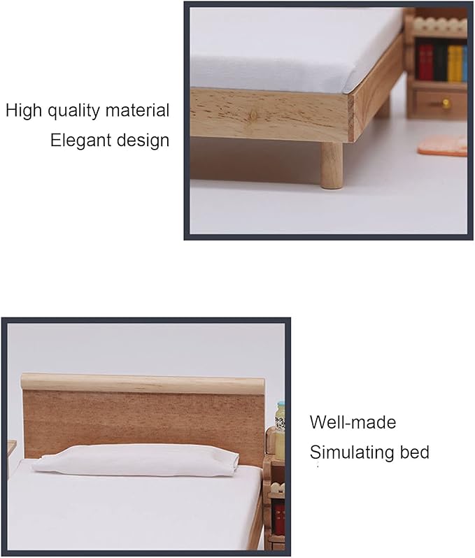 Dollhouse Double Bed, Wooden Frame Oak Miniature Furniture, Decorative Pillow Plush Toy Pillows, Miniature Bedroom Furniture for 1/12 Scale Dollhouse