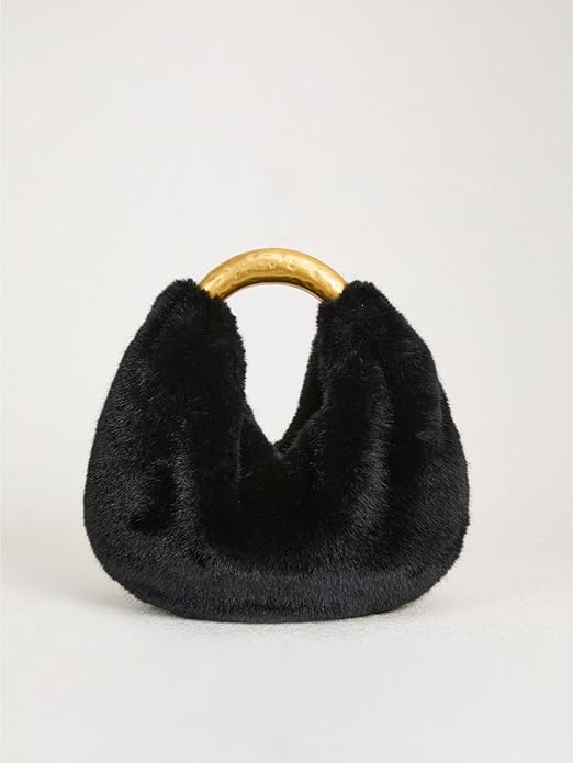 Black Faux Fur Handbag with Gold Metal Handle, Half Moon Top Handle Winter Bag