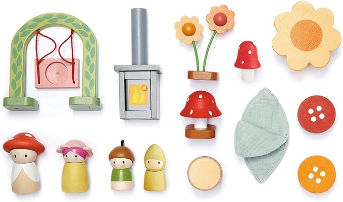 Tender Leaf Toys - Rosewood Cottage - Portable Furnished Wooden 2-Story Dollhouse Set with Handle, 4 Pcs Miniature Toadstool Family with 10 Accessories - Pretend Play Gift for Kids - Age 3+