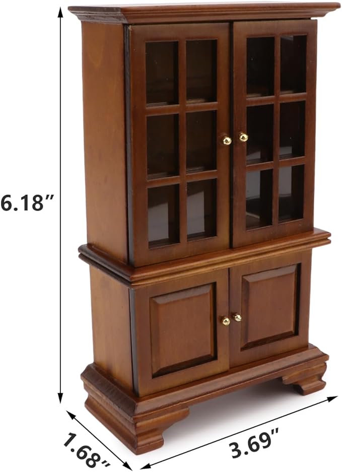 Dollhouse Furniture Cabinet 1:12 Scale Miniature Kitchen Accessories Wooden Cupboard Bookcase Display Shelf for Living Room Decoration (Brown)
