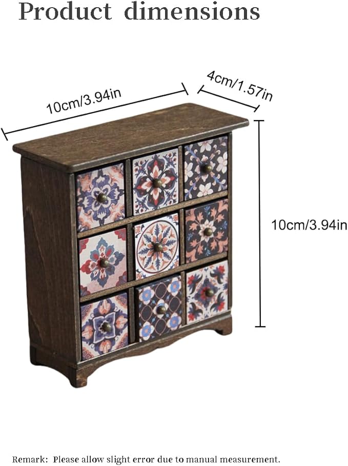 Miniature Dollhouse Cabinet 1:12 Scale Hand-Painted Wooden Vintage Farmhouse Chest of Drawers with Bohemian Persian Florals Christmas/Birthday Gift (Dark Brown)