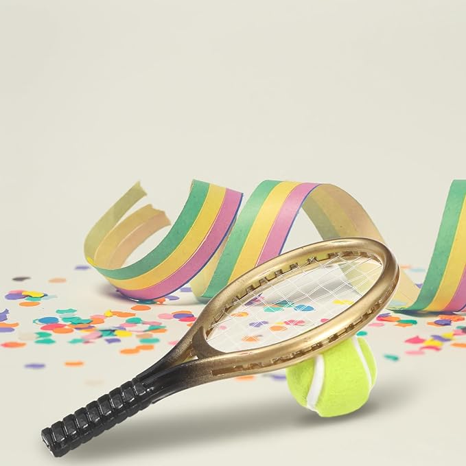 LOGOFUN 9 Sets Mini Tennis Racket and Ball Set 1:12 Miniature Tennis Racquet Kit Dollhouse Tennis Toy Mini Tennis Cake Topper for Sports Equipment Dollhouse Decorations Accessories