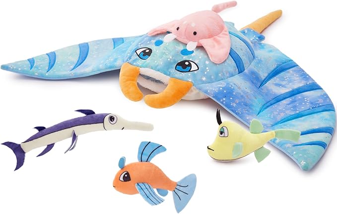 5Pcs Manta Ray Plush, Large Stingray Stuffed Animal with 4 Different Kinds of Small Fish Plush Toys, Christmas Birthday Gifts for Kids Boys Girls, Ocean Party Favors