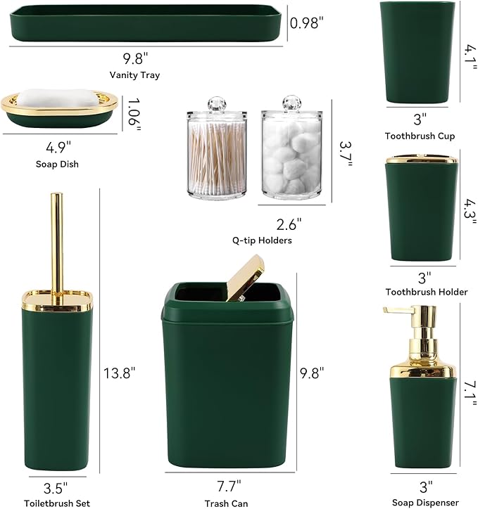 XLHOMO Dark Green Bathroom Accessories Set, Green and Gold Bathroom Accessories with Trash Can, Soap Dispenser, Soap Dish, Toothbrush Holder and Q-tip Holders