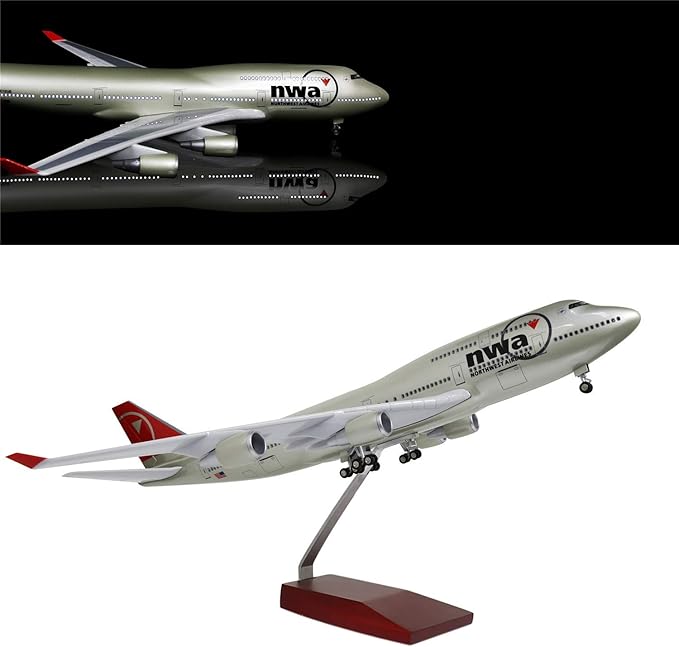 24-Hours 18” 1:130 Scale Airplane Model American Northwest 747 Plane Model with LED Light(Touch or Sound Control) for Decoration or Display