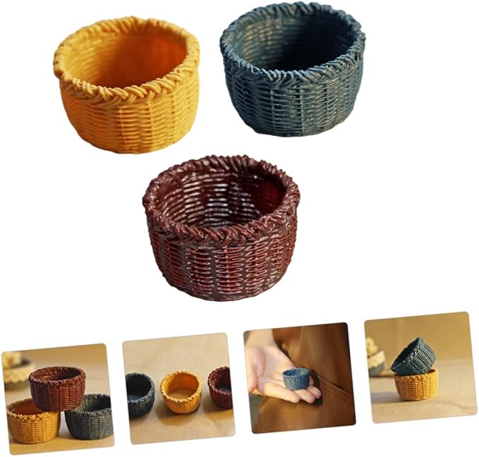 Totority Mini Basket Model 3Pcs Resin Miniature Dollhouse Baskets Creative Storage Ornament for 1 12 Scale Mini House Decor Accessories
