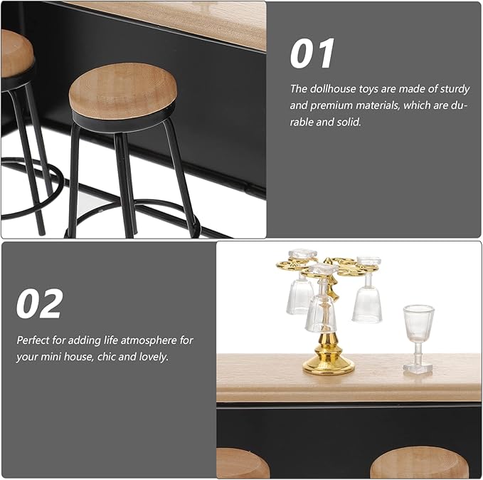 Wooden Mini House Bar Furniture: Miniature Bar Counter Chair Miniature Pub Wine Bottle Photography Layout Props Desktop Decor for Mini House DIY Pubs 8pcs