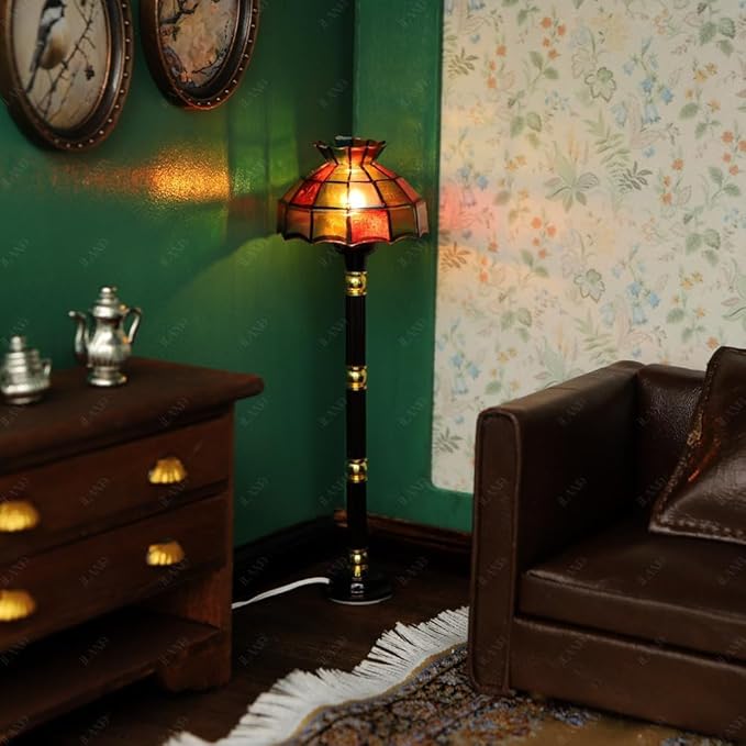 iLAND 1/12 Scale Accessories of Dollhouse Lights, Classic Miniature Lamp w/Plug for Dollhouse Decoration, Mosaic Lattice Floor Lamp w/Plug