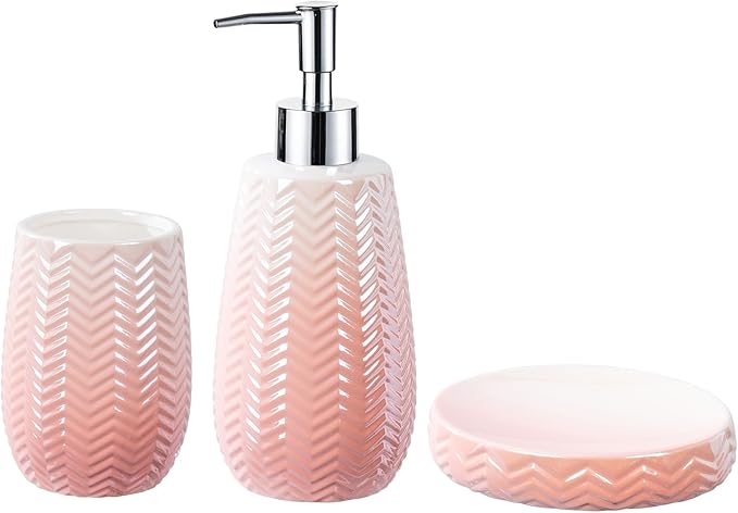 Pink Bathroom Accessories Set, 3 Pcs Ceramic Bathroom Decor Contain Toothbrush Holder,Soap Dispenser, and Soap Dish.