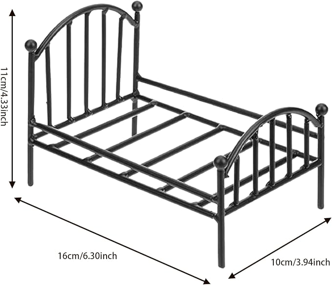 Dollhouse Bed, 1/12 Scale Miniature Metal Single Bed, Vintage Doll Bed, Dollhouse Furniture for Doll House Decoration (Black)