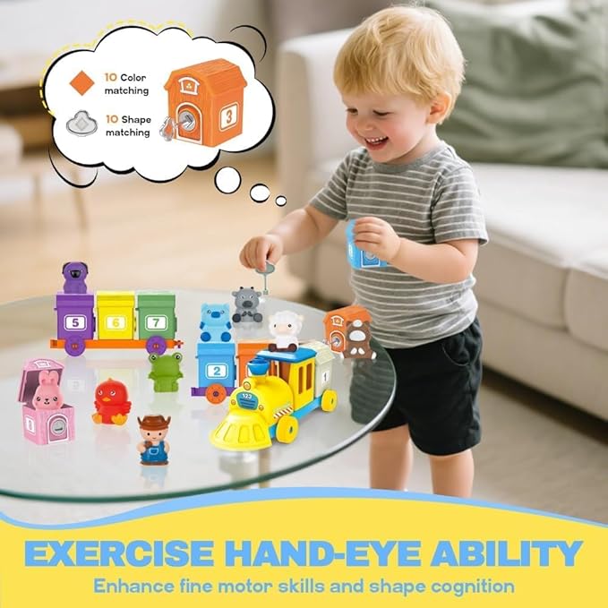 BOLZRA Farm Animals Train Toy for Toddlers 1 2 3 4 Years Old, Counting, Matching, Sorting Montessori Learning Toy with 11 Finger Puppets, Keys, Barns, Educational Christmas Birthday Gift for Kids