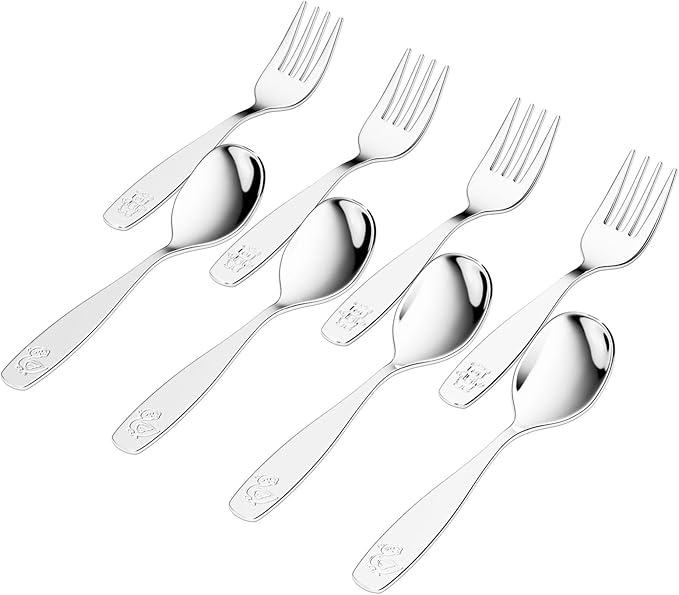 WXCWYQR 8 Pieces Toddler Utensils, Kids Stainless Steel Silverware Set - 4pcs Forks and 4pcs Spoon, Cute Children Flatware Sets with Mirror Polished, Self Feeding Safe, Dishwasher Safe