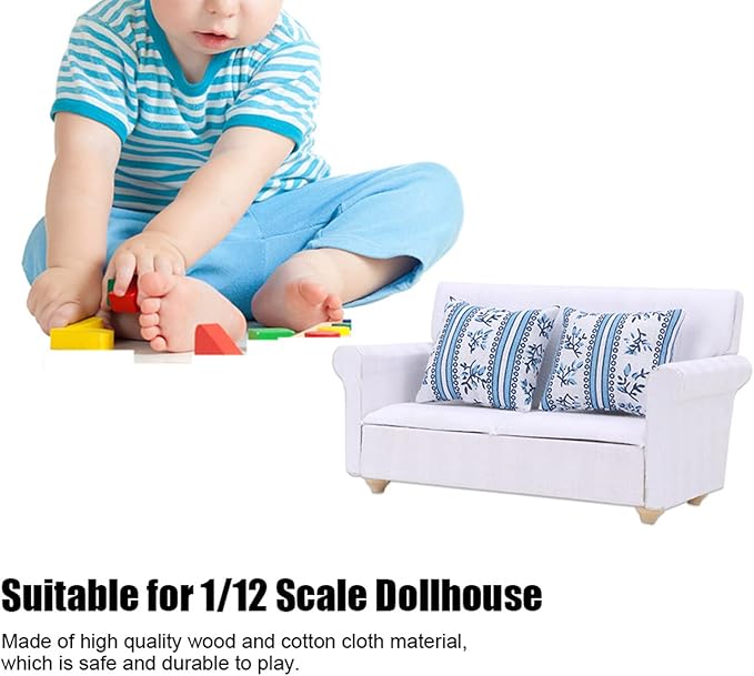 Dollhouse Furniture on 1/12 Scale of Miniature Sofa - Wooden Miniature Sofa Set with Cushions for Dollhouse Living Room and Bedroom Decoration Accessories(Two-seat Sofa with Cushions)