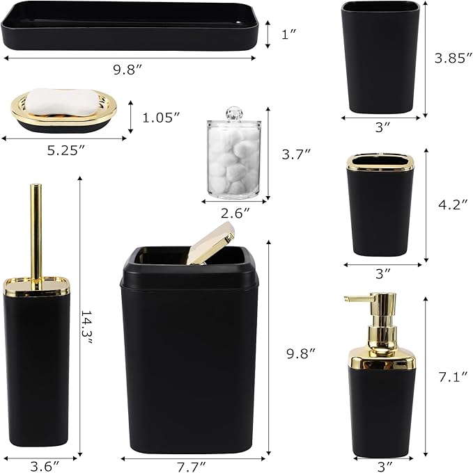 XLHOMO Black Bathroom Accessories Set, Black and Gold Bathroom Accessories with Trash Can, Tray, Soap Dispenser, Soap Dish, Toothbrush Holder, Toothbrush Cup,Toilet Brush and Qtip Holders