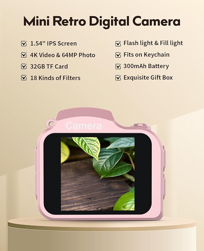 FLATIC Mini Keychain Camera –4K Digital Tiny Camera with 32GB Card & Elegant Gift Box, Fun Pocket-Sized Gadget for Kids & Adults, Collectible Gift for Travel, Birthdays & Stocking Stuffers (Pink)
