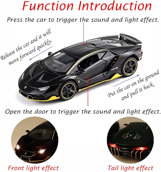 Alloy Collectible Black Lambo Toy Pull Back Vehicles Diecast Cars Model with Light & Sound