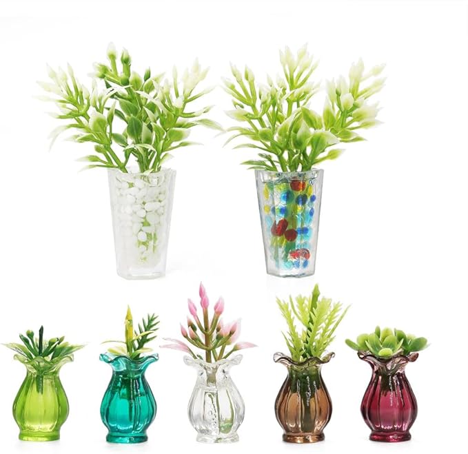 Odoria 1/12 Miniature Potted Plants 2Pcs and Flower in Vase 5Pcs Dollhouse Decoration Accessories