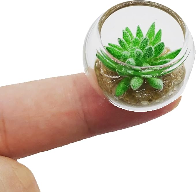 4 Pcs Assorted Color Glass Miniature Succulent Pots – Tiny Artificial Flower Potted Plants for Dollhouse Decoration, DIY Craft, Micro Garden Display, Miniature Home Accessories & Tabletop Ornaments