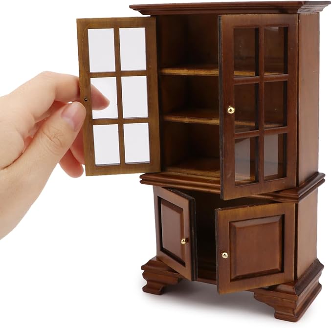 Dollhouse Furniture Cabinet 1:12 Scale Miniature Kitchen Accessories Wooden Cupboard Bookcase Display Shelf for Living Room Decoration (Brown)