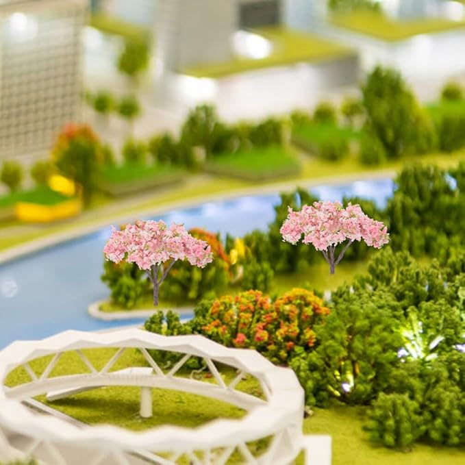 HOMSFOU 8pcs Cherry Blossom Tree Model, Artificial Blossom Cherry Tree Scenery Model Miniature Sand Table Accessories for Train Railway Architecture Diorama Micro Landscape Garden Yard Decor