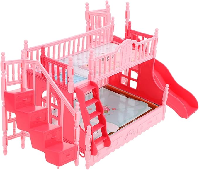 TOYANDONA Baby Doll Bunk Bed for Girls, Miniature Furniture Dollhouse Bed with Stairs, Plastic Mini Bedroom Furniture Birthday 1/12 Scale