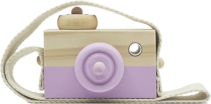 Cynzia Baby Wooden Mini Camera Toy, Kid Cute Mini Sharpe Toy Neck Hanging Photographed Props for Toddlers Children Kids' Room Hanging Decor Gift (Purple)