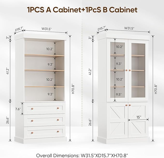 71" Tall Farmhouse Kitchen Pantry, Large Storage Cabinet with Glass Doors, Adjustable Shelves, 3 Drawer, Wood Versatile Hutch Cabinet for Dining Room, Living Room, White 3 PCS