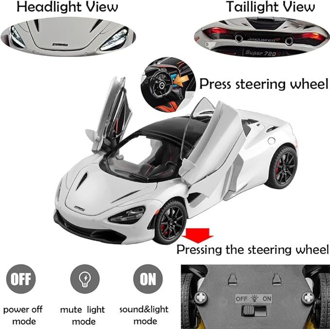 Toy Cars McLaren 720s Roadster Model 1/24 White Alloy Collectibles Die-cast Vehicles with Sound and Light