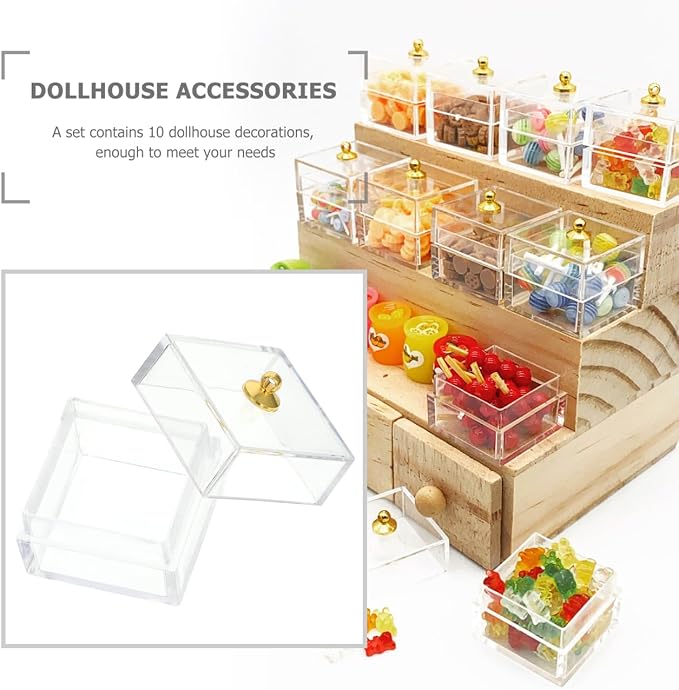 Wakauto 10Pcs Transparent Dollhouse Mini Storage Box for Candy Display and Decoration Clear Bottles 1 12 Doll House Plastic Containers for Crafting and Miniature Dollhouse Accessories