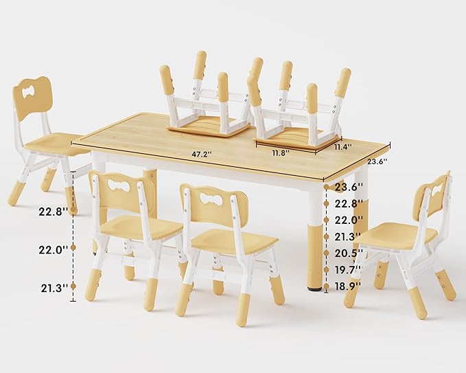 Brelley Kids Table and 6 Chairs Set, Height Adjustable Toddler Desk and Chair Set, Graffiti Desktop, Classroom/Daycare/Home, Children Multi-Activity Table for Ages 2-8