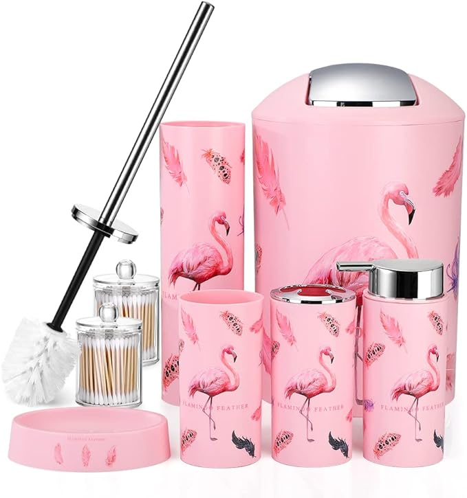 OTOSTAR Bathroom Accessory Set 8 Pcs Pink Flamingos Bathroom Accessories Set Bathroom Set with Trash Can Soap Dispenser Toothbrush Holder Tumbler Soap Dish Toilet Brush Holder Qtip Holder (Flamingo)