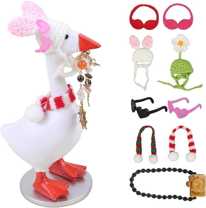 Desk Mini Goose key Holder 7 inch with 4 set Outfits, Cute Desktop Resin Porch Goose Magnetic Statue, Funny Figurines Keychain Hanging, Bedroom Decor for Home Office Table, Housewarming Gifts