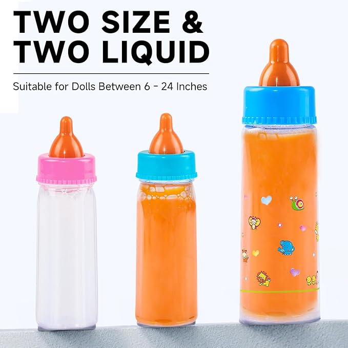 Baby Doll Bottle Accessories - 6 Pcs Feeding Bottle Toys, Magic Disappearing Milk & Juice, Pretend Play Set with Pacifiers Kids Gift Yellow