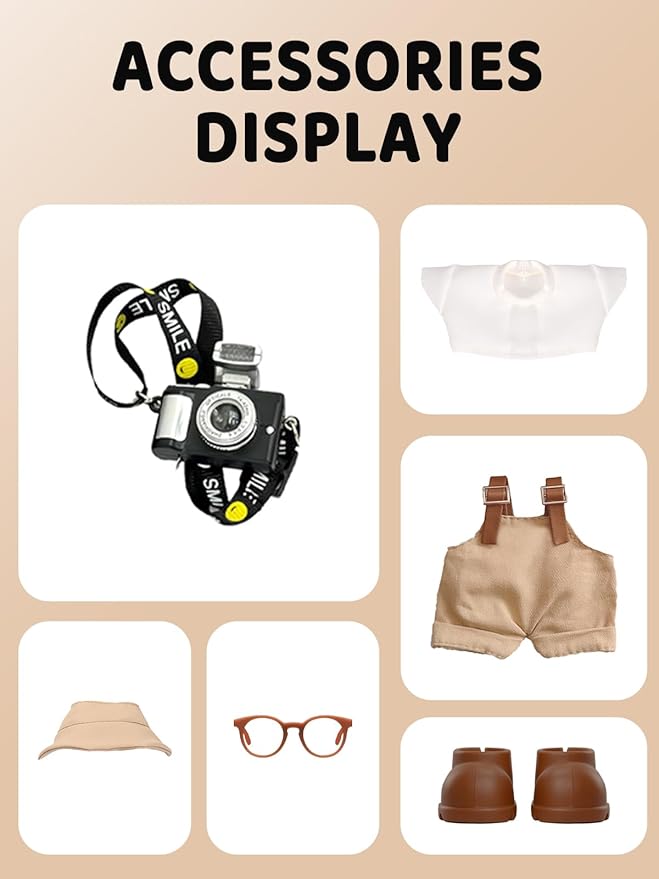 17cm Doll Clothes Set, Hat & Overalls & Shirt & Shoes & Glasses & Camera Set for 17cm Accessories Suit, Stylish Dolls Clothes Accessories, Cute Clothes for Dress up Unique Style (Brown)