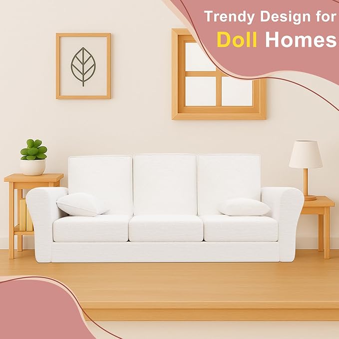 Doll House Furniture Couch, 1:12 Scale Miniature Sofa for Dollhouse Living Room, Doll Sofa for Kids & Collectors – Fashion Style Doll House Furniture Couch for Dolls