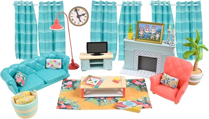 Honey Bee Acres Cozy Living Room Décor – 28 Pieces Accessory Set | Colorful Farmhouse Doll Furniture | Pretend Play Toys for Kids - Sunny Days Entertainment