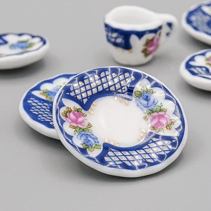 Odoria 1/12 Miniature Porcelain Tea Set 15Pcs Dollhouse Decoration Accessories, Blue Blossom
