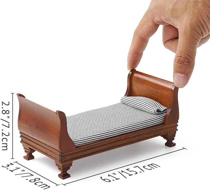 Odoria Dollhouse Single Bed Miniature: 1/12 Scale Wooden Bed Victorian for 6 inch Dolls Bedroom Vintage - Mini Brown Furniture with Bedding Fabric